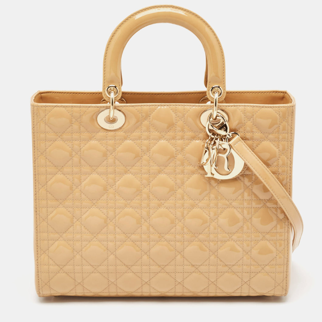 Dior Beige Cannage Patent Leather Large Lady Dior Tote