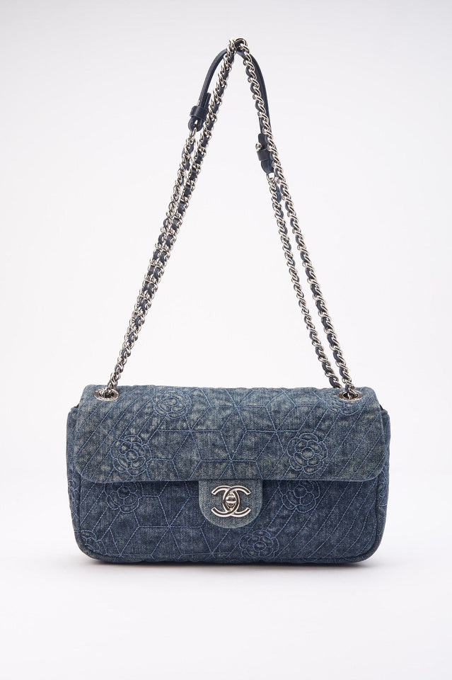 Chanel Blue Denim Camellia Embroidered CC Flap Bag