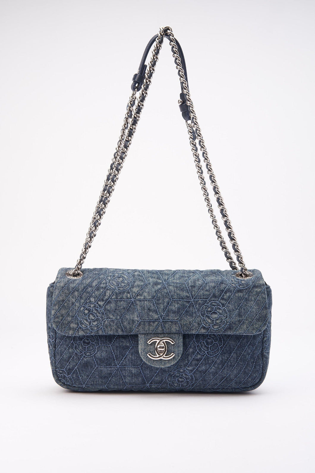 Chanel Blue Denim Camellia Embroidered CC Flap Bag