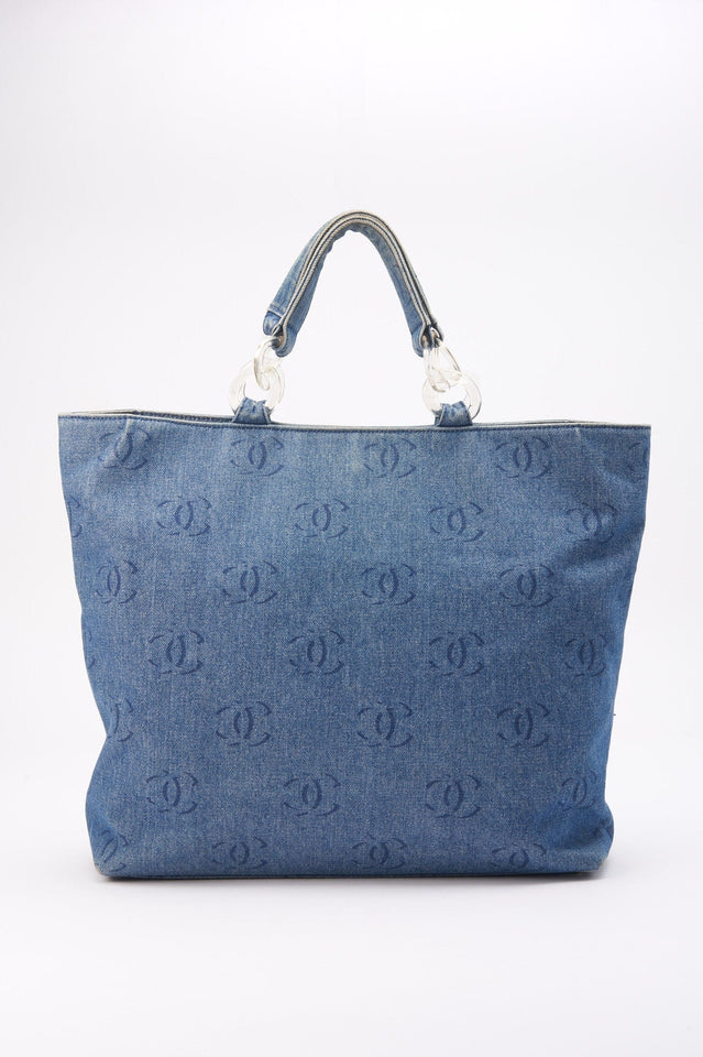 Chanel Blue Denim Tote Bag With CC Print
