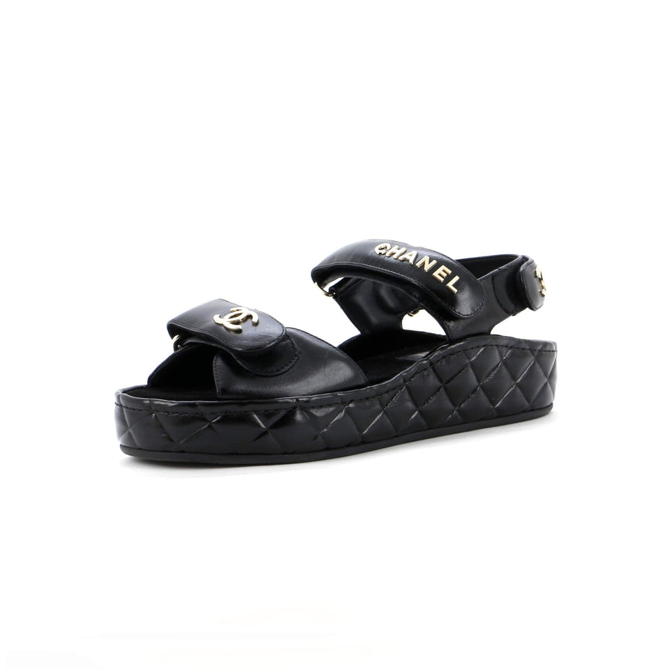 Women's Logo Velcro Strap Wedge Sandals Quilted Metallic Leather