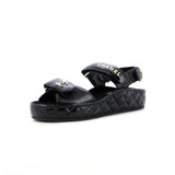 Women's Logo Velcro Strap Wedge Sandals Quilted Metallic Leather
