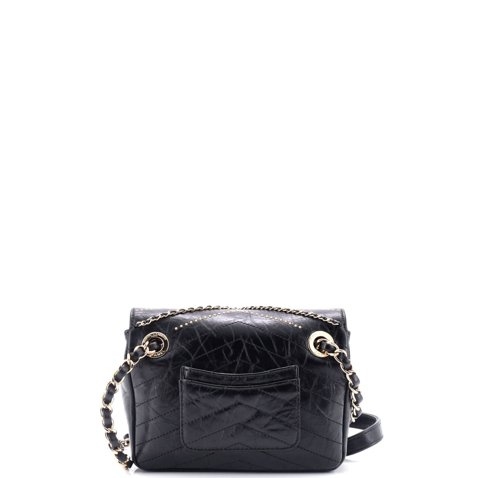 Envelope Square Chain Flap Bag Chevron Embellished Calfskin Mini