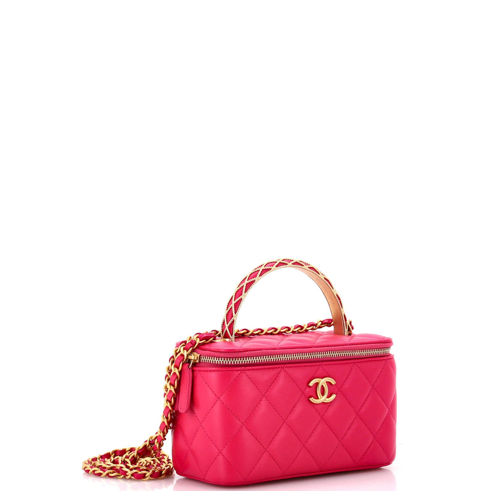 Caged Top Handle Vanity Case with Chain Quilted Lambskin Small