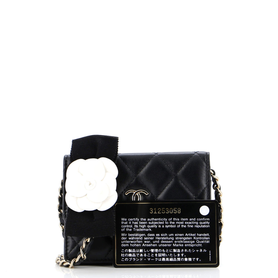 Camellia Bow Flap Card Holder with Chain Quilted Lambskin