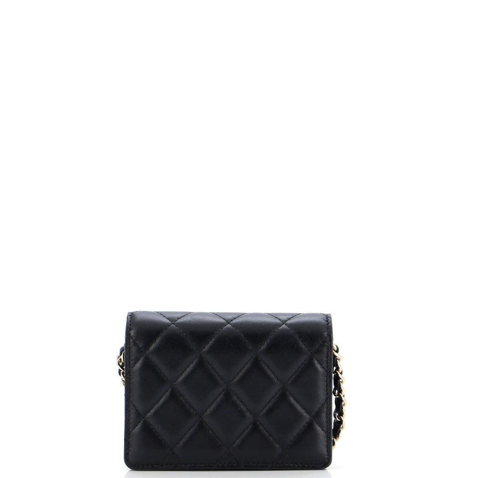 Camellia Bow Flap Card Holder with Chain Quilted Lambskin