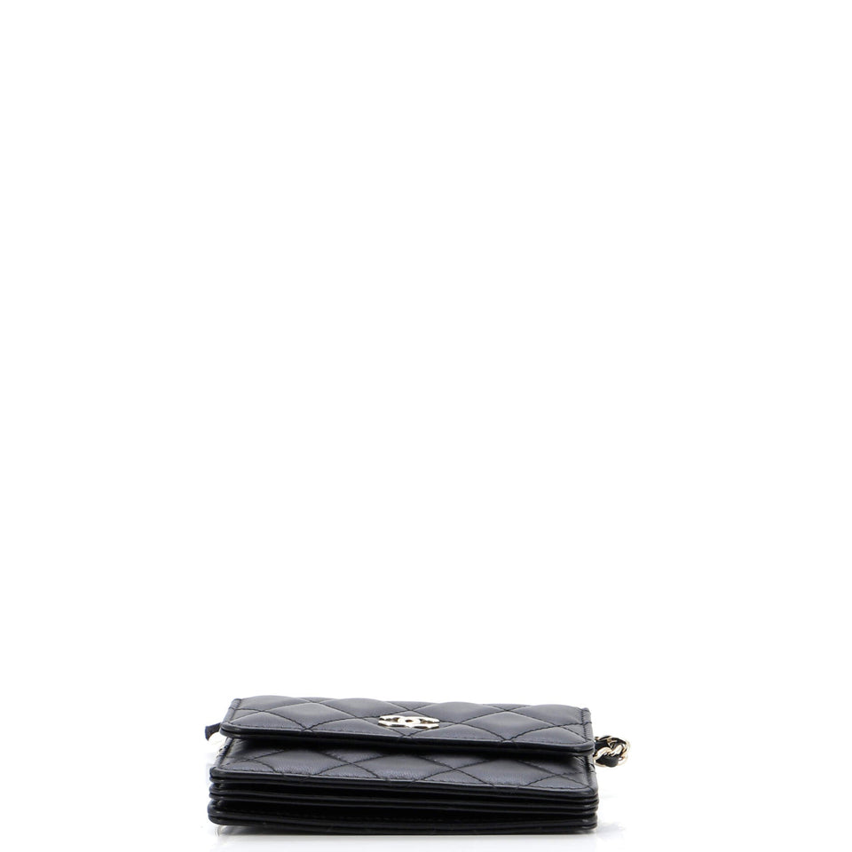 Camellia Bow Flap Card Holder with Chain Quilted Lambskin