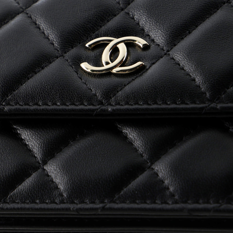 Camellia Bow Flap Card Holder with Chain Quilted Lambskin