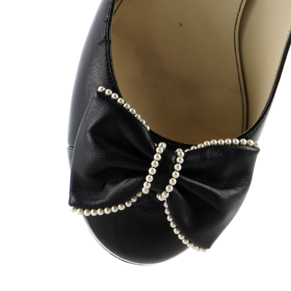 Women's Pearl Bow Cap Toe Pumps Leather with Patent