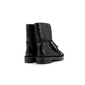 Women's Cap Toe CC Chain Around Pearl Combat Boots Leather