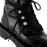 Women's Cap Toe CC Chain Around Pearl Combat Boots Leather