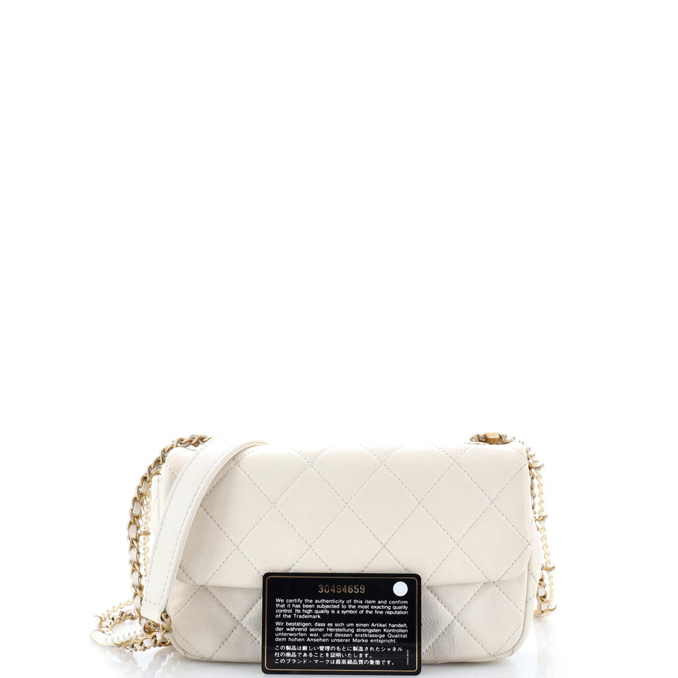 Crystal Pearls Chain Flap Bag Quilted Calfskin Small