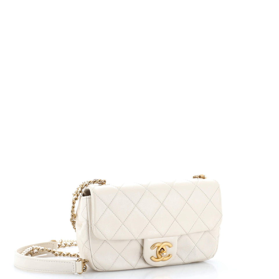 Crystal Pearls Chain Flap Bag Quilted Calfskin Small