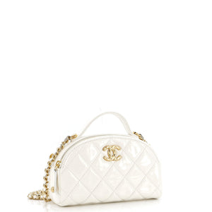 Double Zip Top Handle Vanity Case with Chain Quilted Shiny Calfskin
