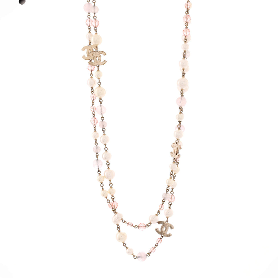 CC Coco Long Necklace Metal with Faux Pearl and Beads