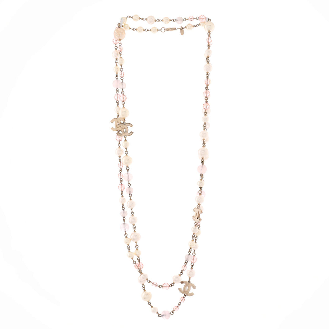 CC Coco Long Necklace Metal with Faux Pearl and Beads