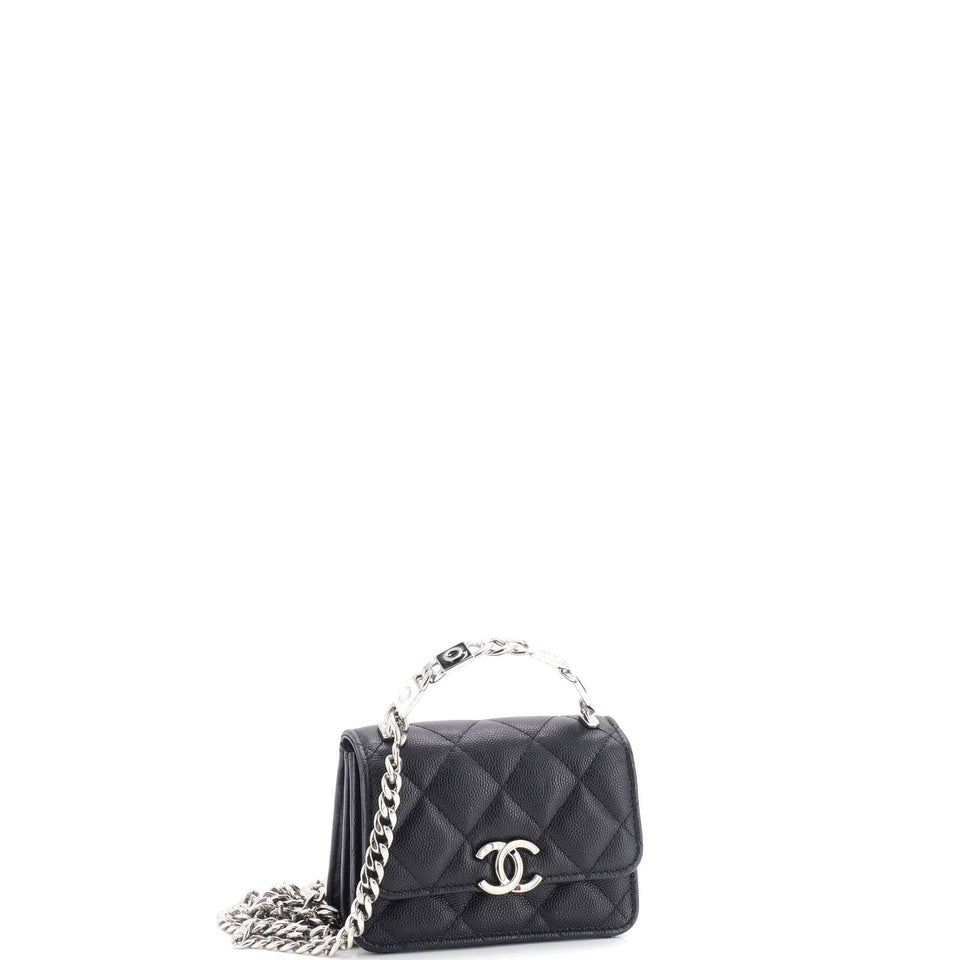 Coco Enamel Top Handle Flap Clutch with Chain Quilted Caviar