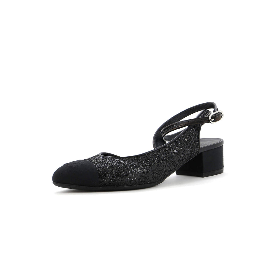 Women's CC Cap Toe Ankle Strap Slingback Pumps Glitter Leather with Grosgrain