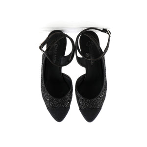 Women's CC Cap Toe Ankle Strap Slingback Pumps Glitter Leather with Grosgrain