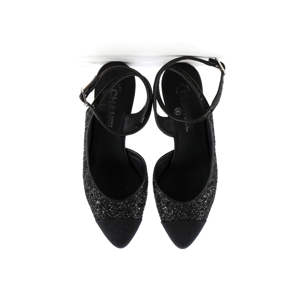 Women's CC Cap Toe Ankle Strap Slingback Pumps Glitter Leather with Grosgrain