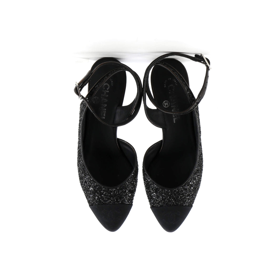 Women's CC Cap Toe Ankle Strap Slingback Pumps Glitter Leather with Grosgrain