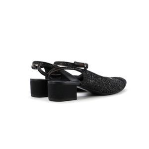 Women's CC Cap Toe Ankle Strap Slingback Pumps Glitter Leather with Grosgrain