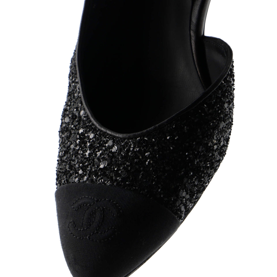 Women's CC Cap Toe Ankle Strap Slingback Pumps Glitter Leather with Grosgrain