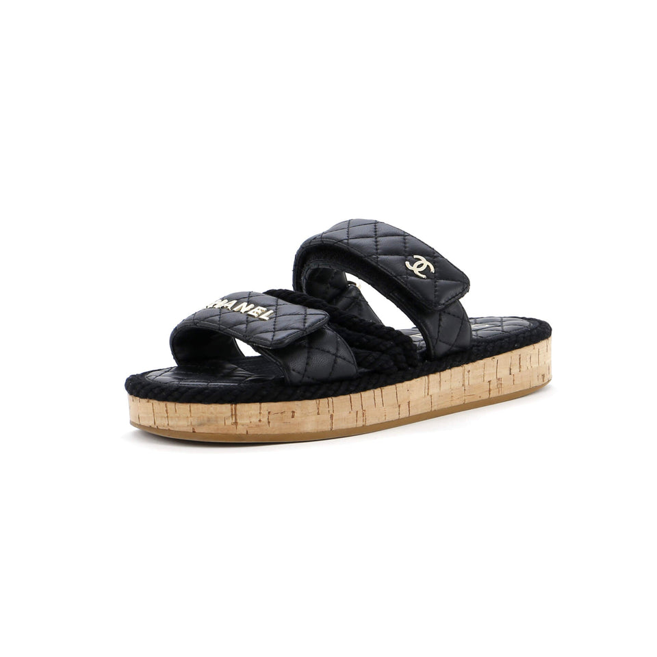 Women's Cord Velcro Mule Sandals Quilted Leather