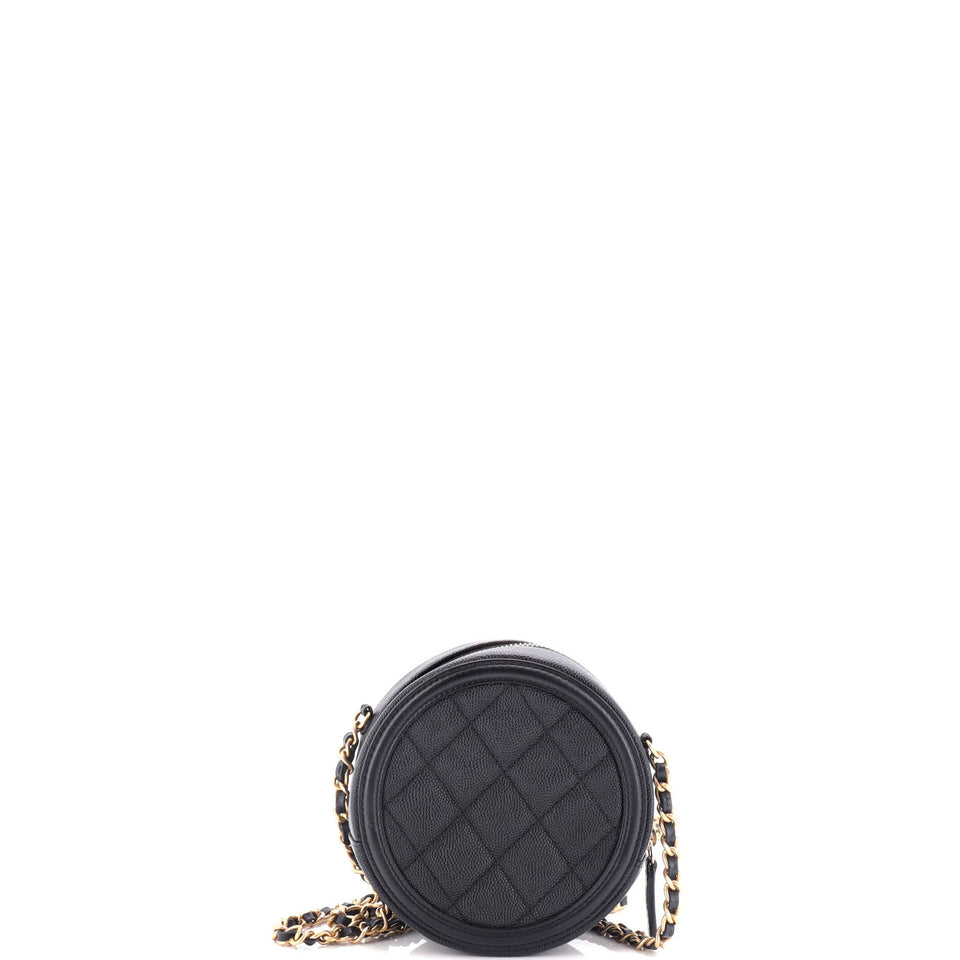 Filigree Round Clutch with Chain Quilted Caviar Mini