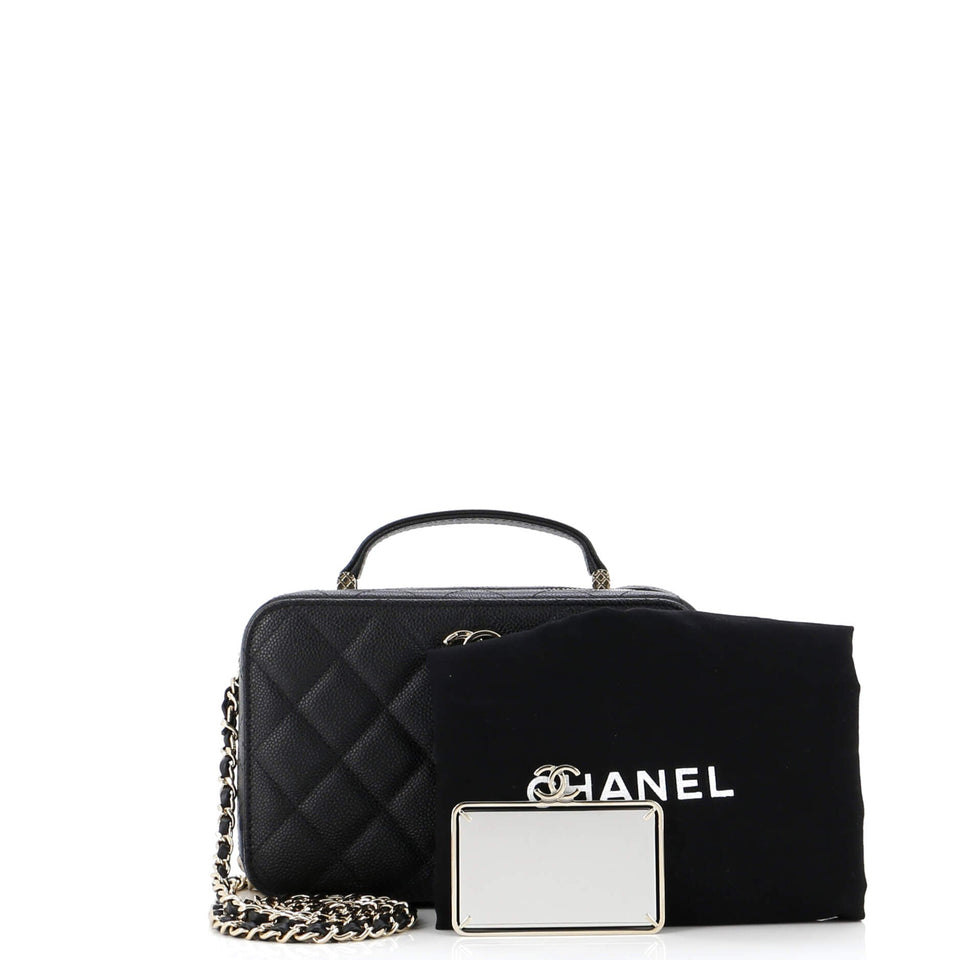 CC Zip Around Top Handle Vanity Case with Chain Quilted Caviar Small