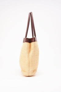 Chanel Raffia Tote Bag With Brown Leather Handles