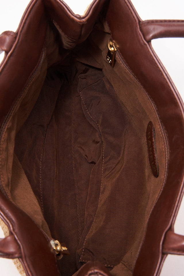 Chanel Raffia Tote Bag With Brown Leather Handles