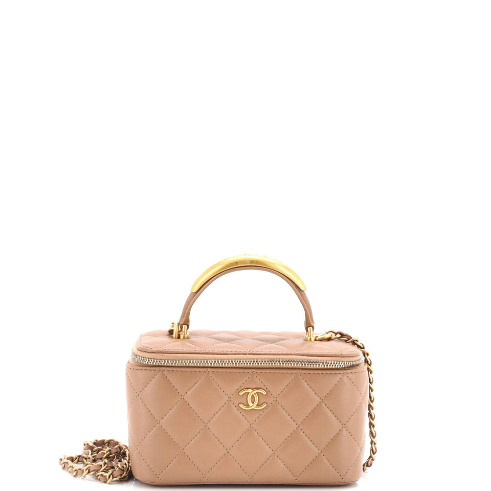 CC Top Handle Vanity Case with Chain Quilted Lambskin with Metal Small