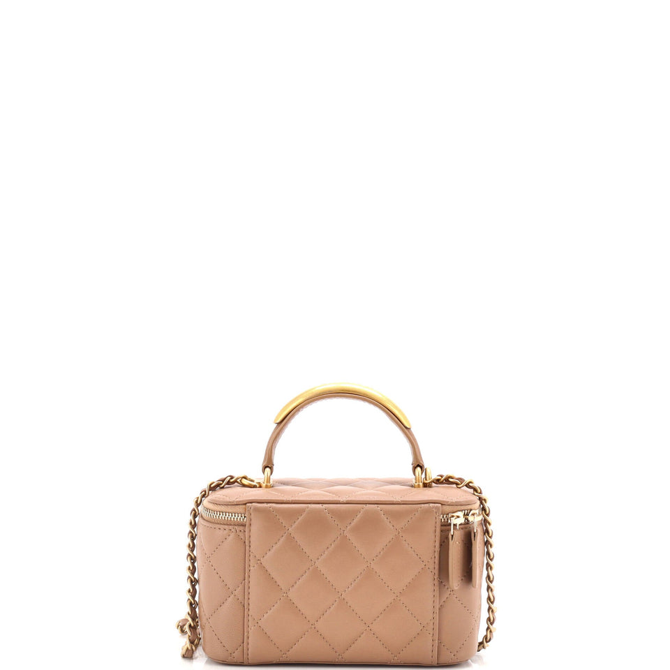 CC Top Handle Vanity Case with Chain Quilted Lambskin with Metal Small
