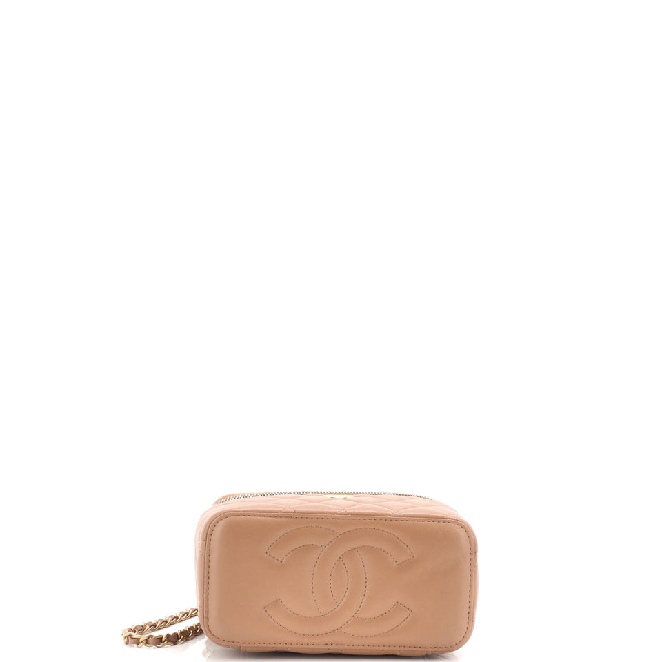 CC Top Handle Vanity Case with Chain Quilted Lambskin with Metal Small