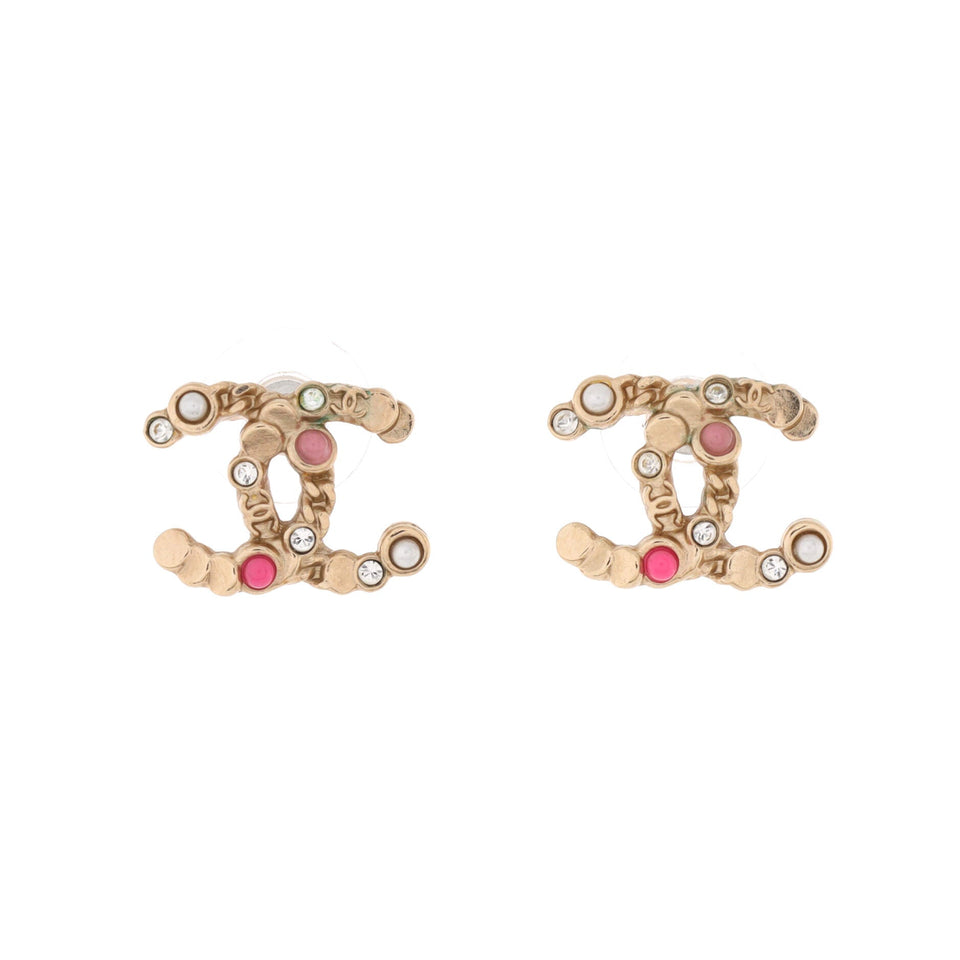 CC Stud Earrings Metal with Faux Pearls and Crystals