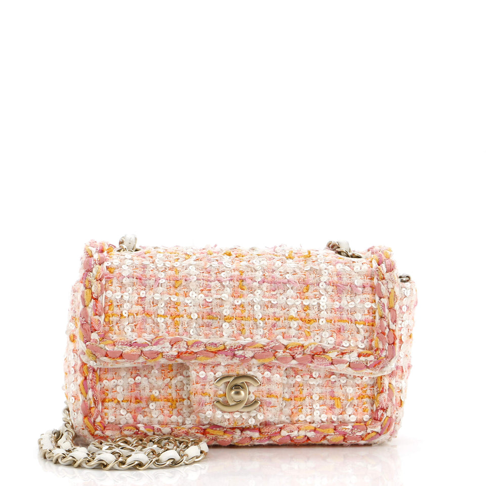 Classic Single Flap Bag Braided Quilted Tweed with Sequins Mini