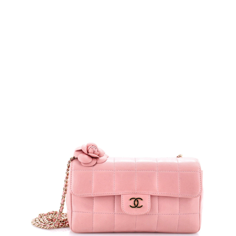 Camellia Chocolate Bar Flap Bag Quilted Lambskin Mini