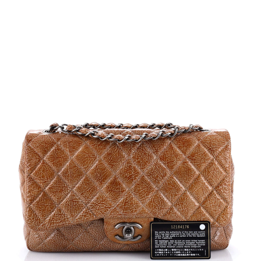 Vintage Classic Single Flap Bag Quilted Crinkled Patent Jumbo