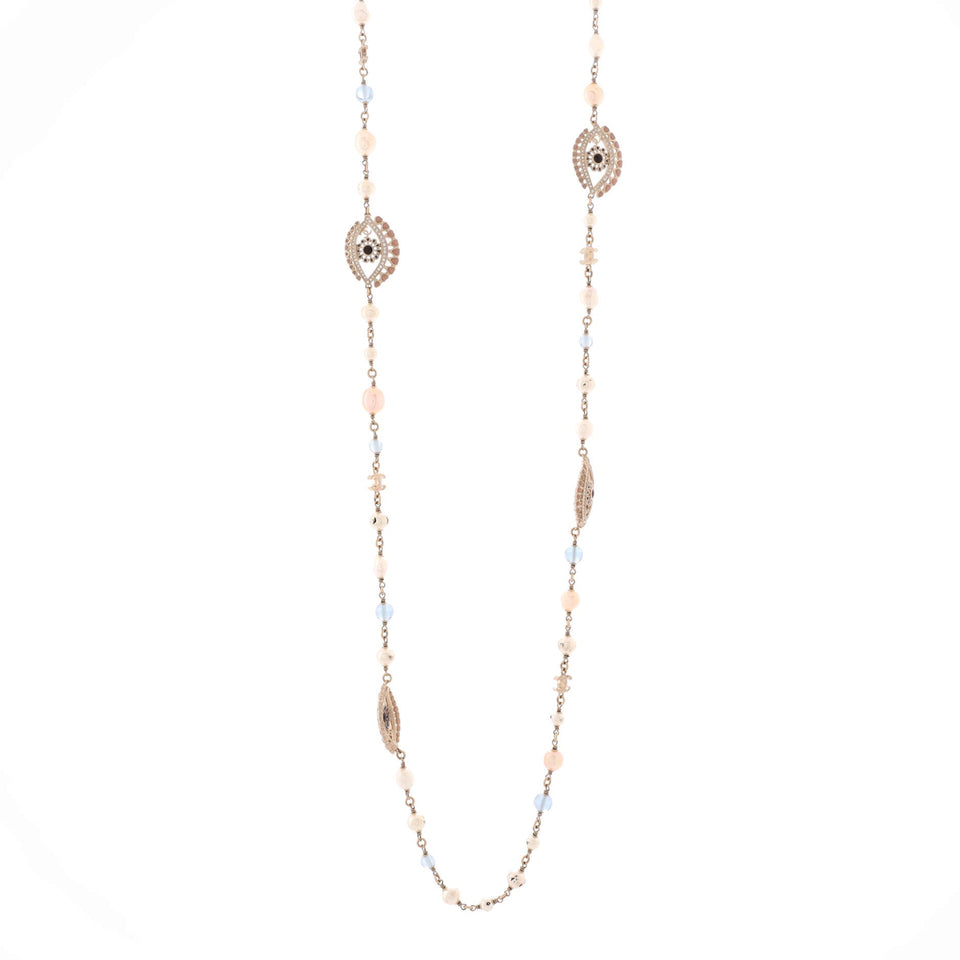CC Eye Motif Necklace Faux Pearls, Beads and Metal with Resin and Crystals