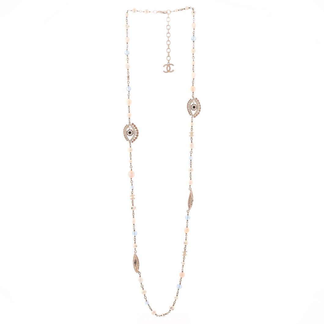 CC Eye Motif Necklace Faux Pearls, Beads and Metal with Resin and Crystals