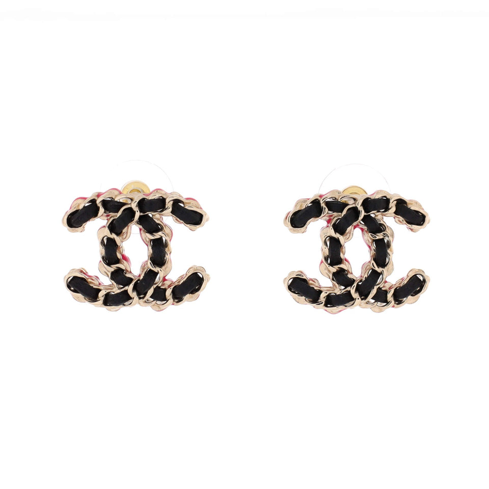 CC Chain Stud Earrings Metal and Enamel with Leather