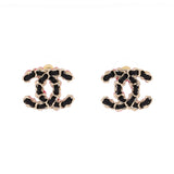 CC Chain Stud Earrings Metal and Enamel with Leather