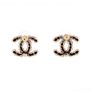 CC Chain Stud Earrings Metal and Enamel with Leather