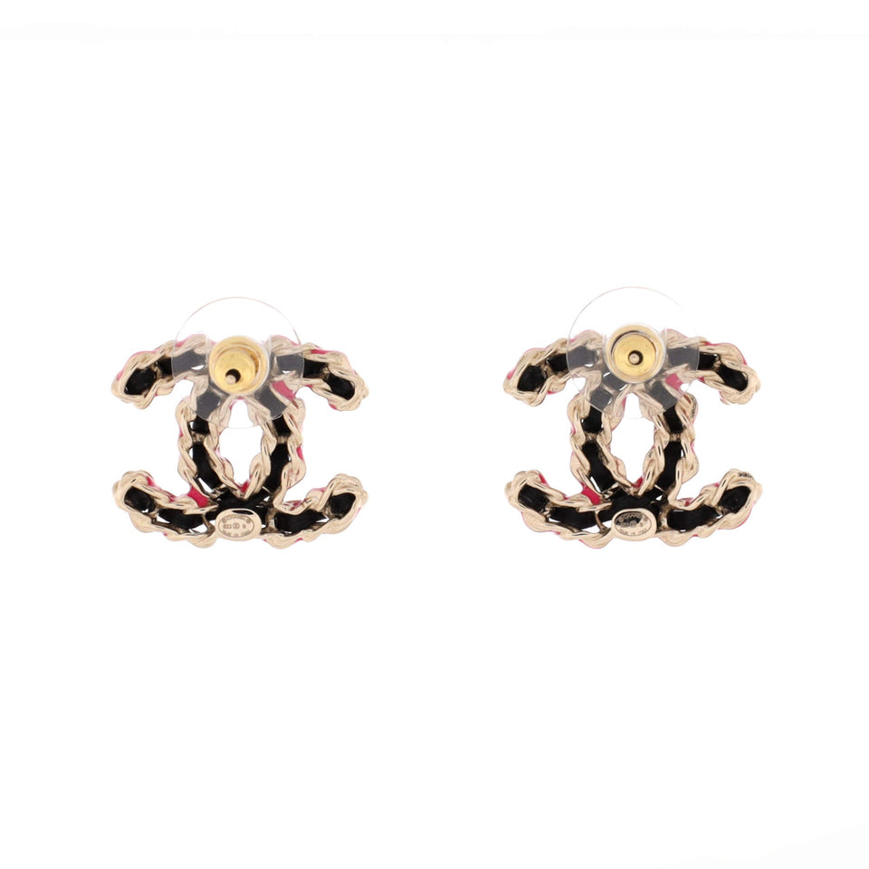 CC Chain Stud Earrings Metal and Enamel with Leather