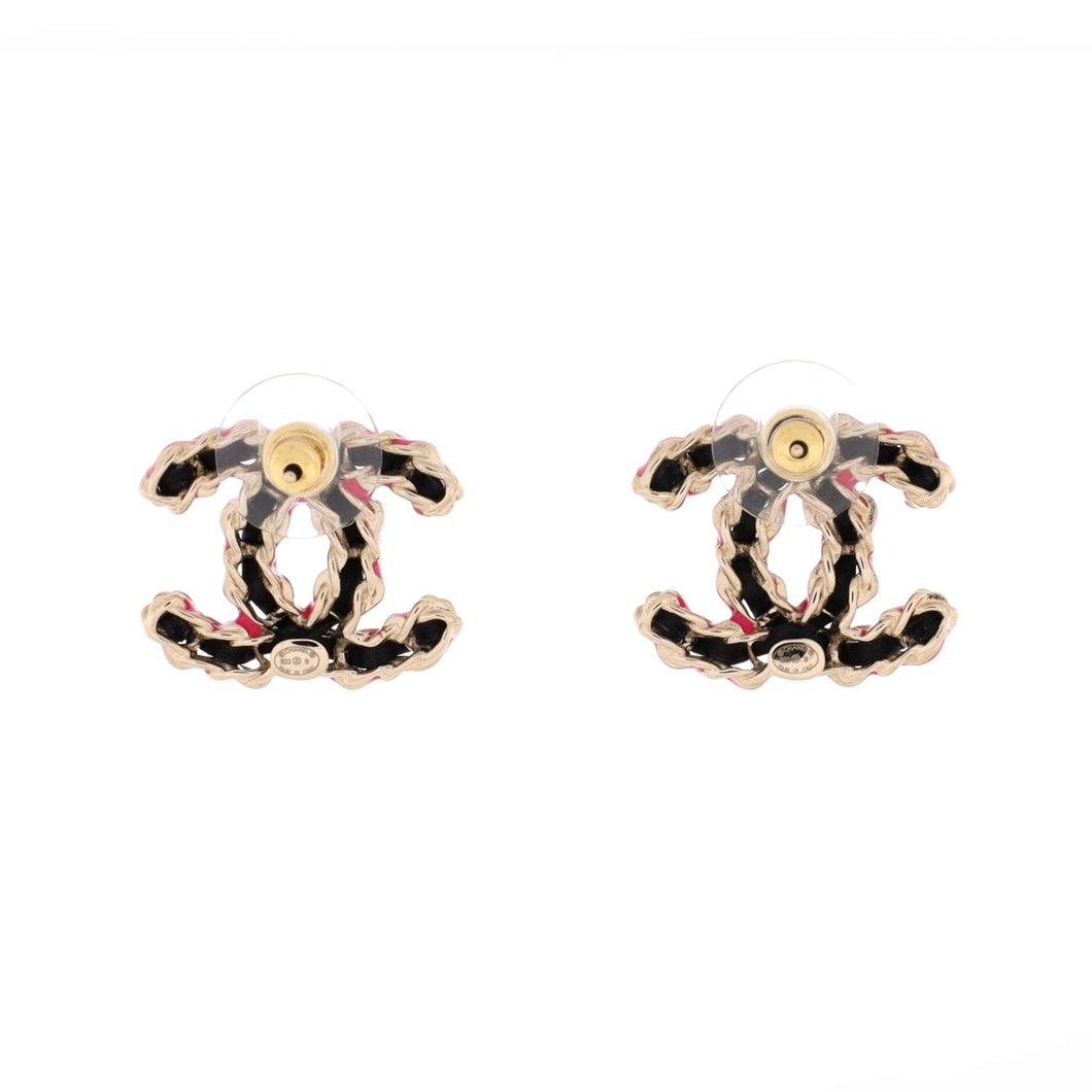 CC Chain Stud Earrings Metal and Enamel with Leather