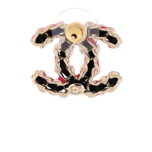 CC Chain Stud Earrings Metal and Enamel with Leather