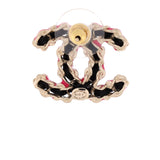 CC Chain Stud Earrings Metal and Enamel with Leather