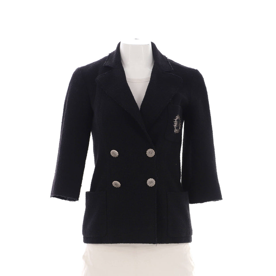 Women's CC Logo Cropped Sleeve Double Breasted Blazer Cotton Tweed