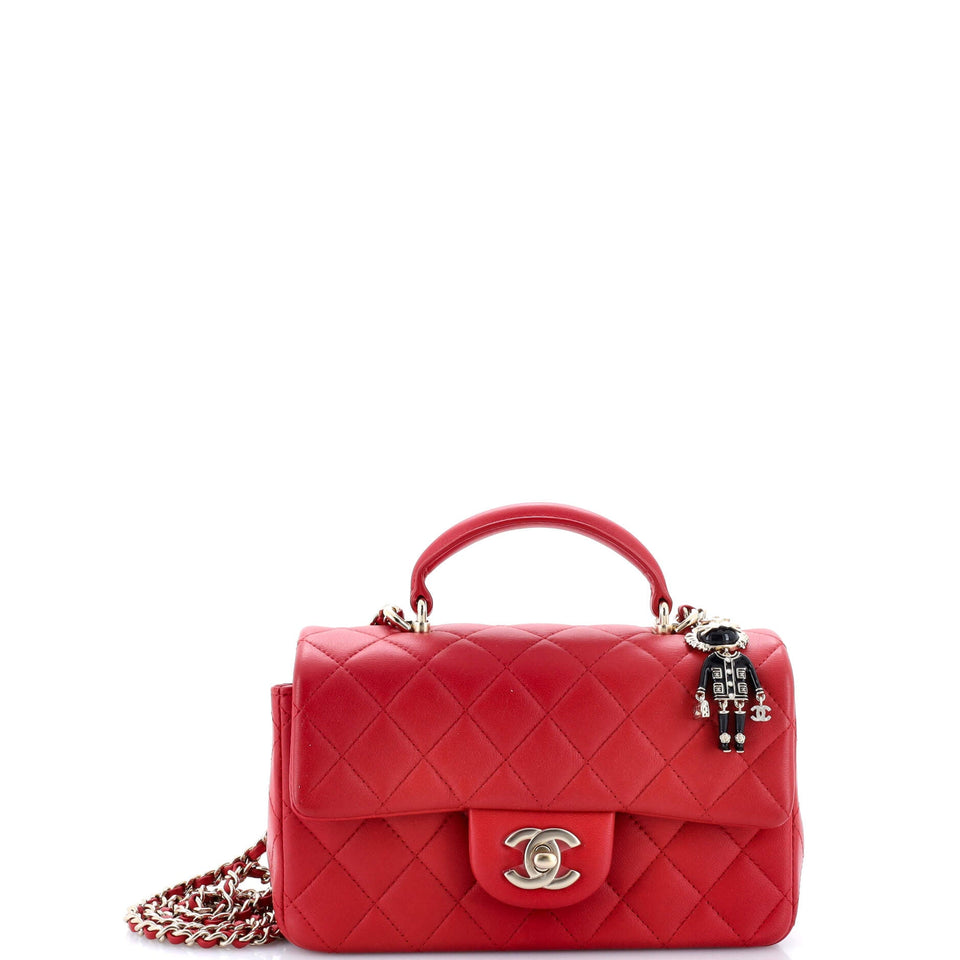 Classic Single Flap Top Handle Bag Quilted Lambskin with Lion Charm Mini